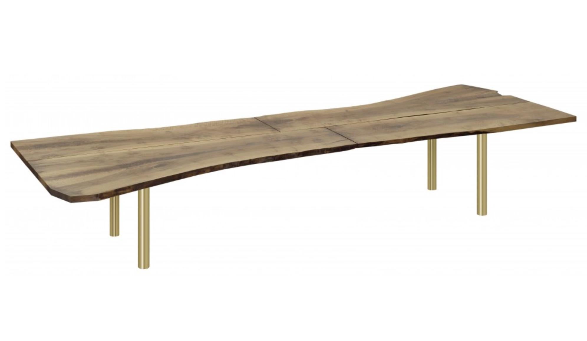 Philipp Mainzer Trunk Table in Walnut and Brass for e15 Selected. Made to measure, current production.

Simple and refined, the TRUNK table is an inherently unique and sculptural piece. Each piece of the E15 SELECTED collection is branded with an