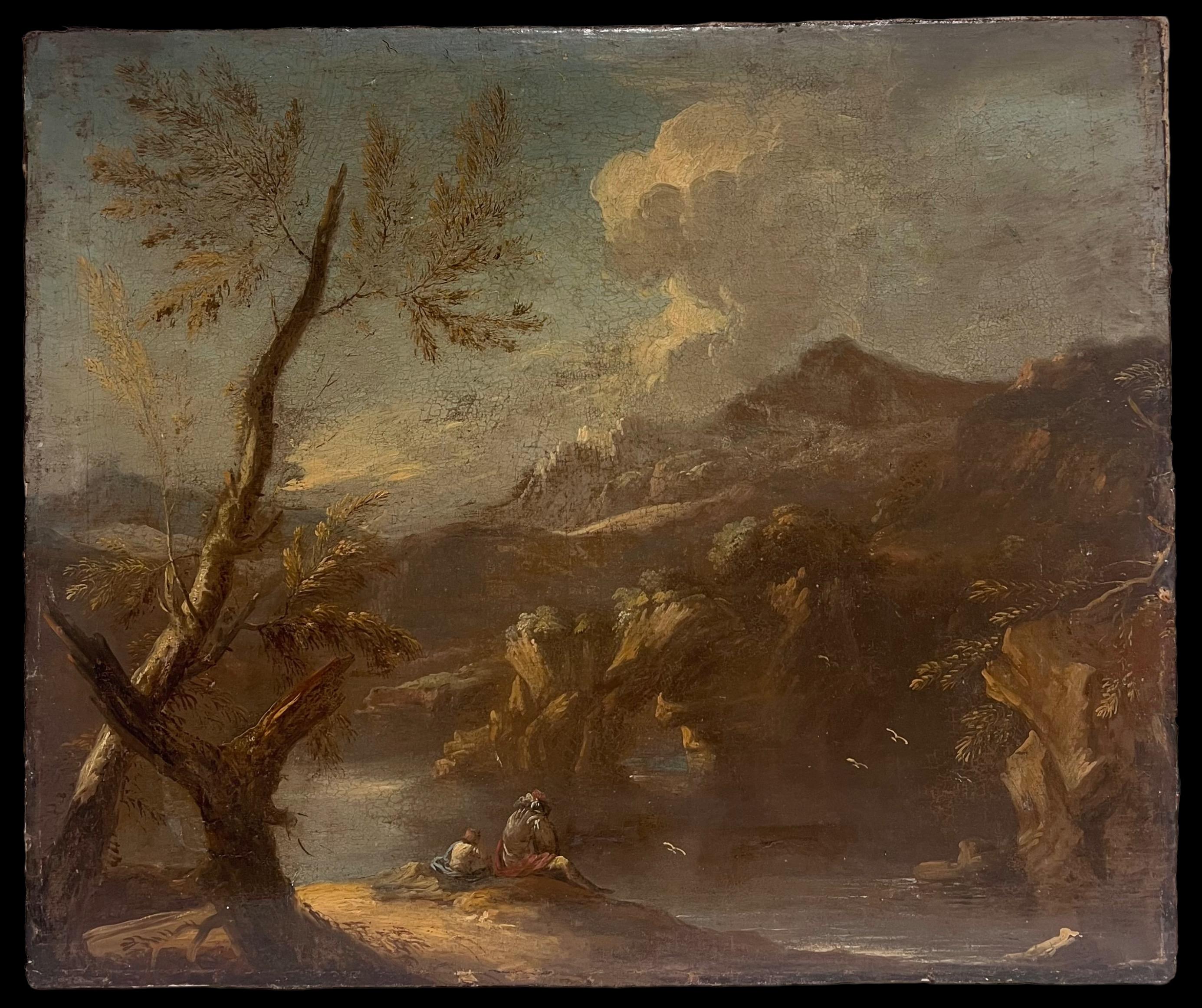 Feines 17. Jahrhundert deutsches Altmeister-Ölgemälde Figuren Felsenschlucht-Landschaft – Painting von  Philipp Peter Roos  1657–1706 