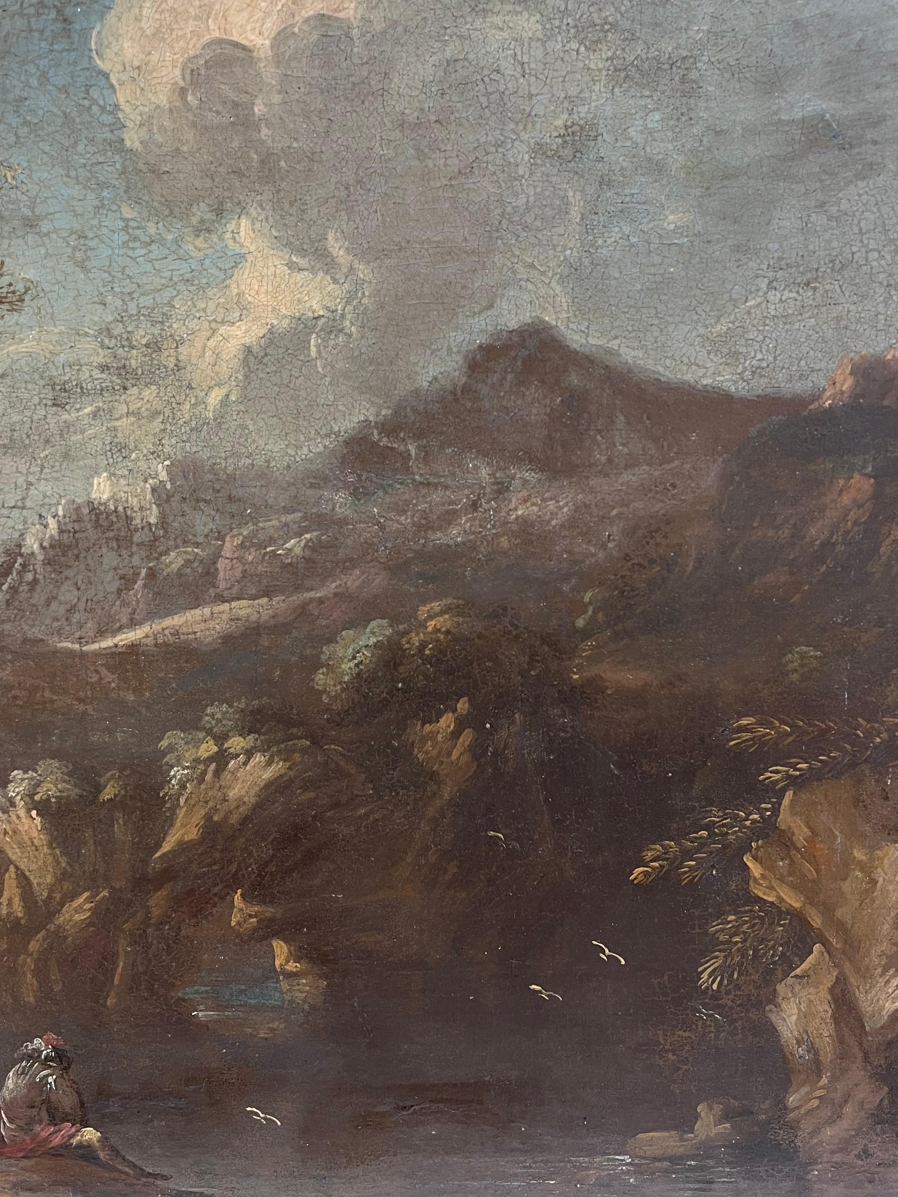 Feines 17. Jahrhundert deutsches Altmeister-Ölgemälde Figuren Felsenschlucht-Landschaft (Barock), Painting, von  Philipp Peter Roos  1657–1706 