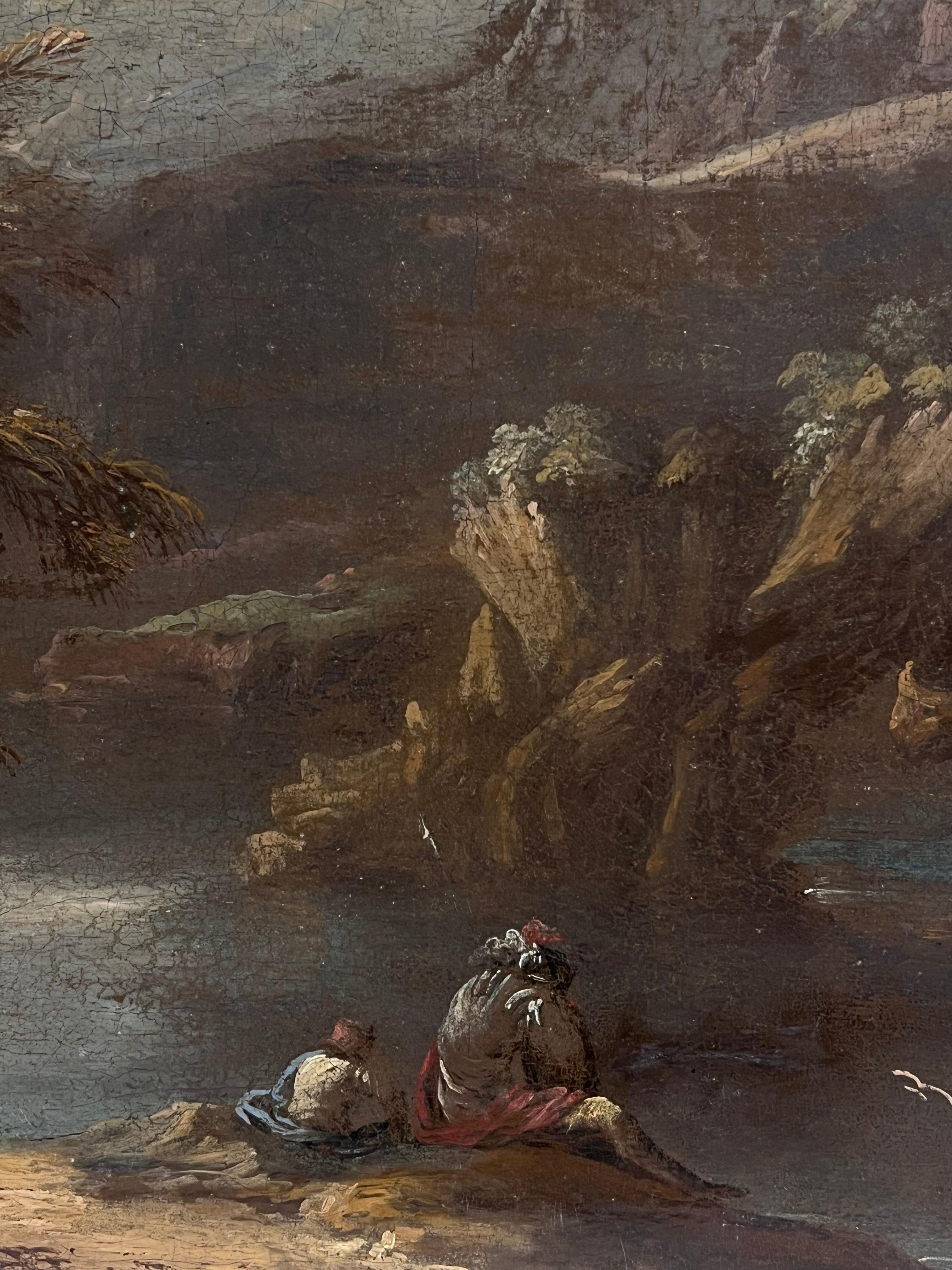 Feines 17. Jahrhundert deutsches Altmeister-Ölgemälde Figuren Felsenschlucht-Landschaft (Braun), Figurative Painting, von  Philipp Peter Roos  1657–1706 