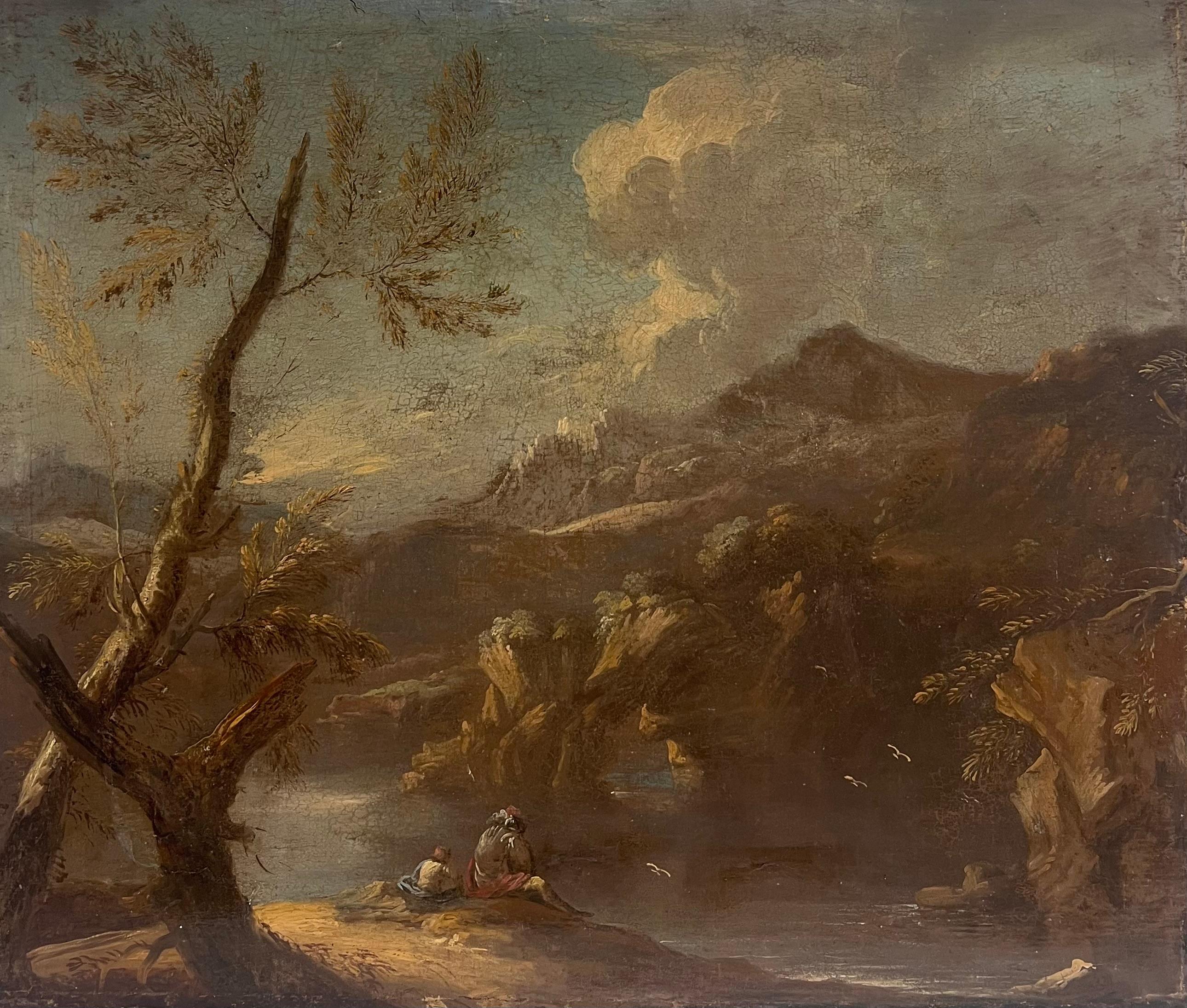 Fine 17th Century German Old Master Oil Painting Figures Rocky Gorge Landscape