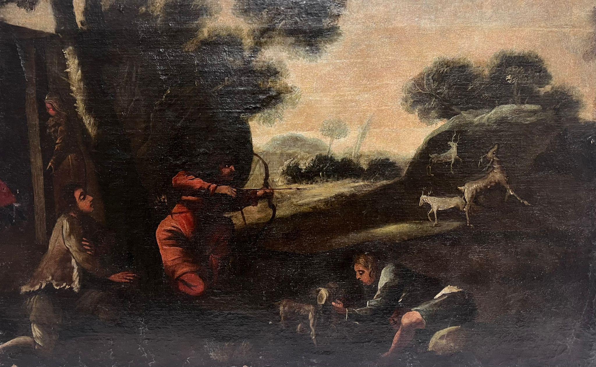 Barockes Ölgemälde eines alten Meisters, Hirsch- Jagd Party in Landschaft, 17. Jahrhundert