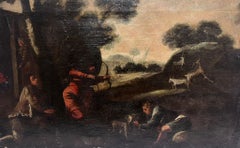 Antique 17th Century Baroque Old Master Oil Painting Stag Hunting Party in Landscape
