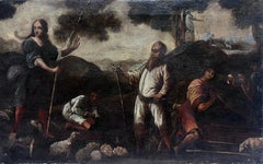 Peinture à l'huile baroque allemande du 17ème siècle - Bergers et canards dans un paysage