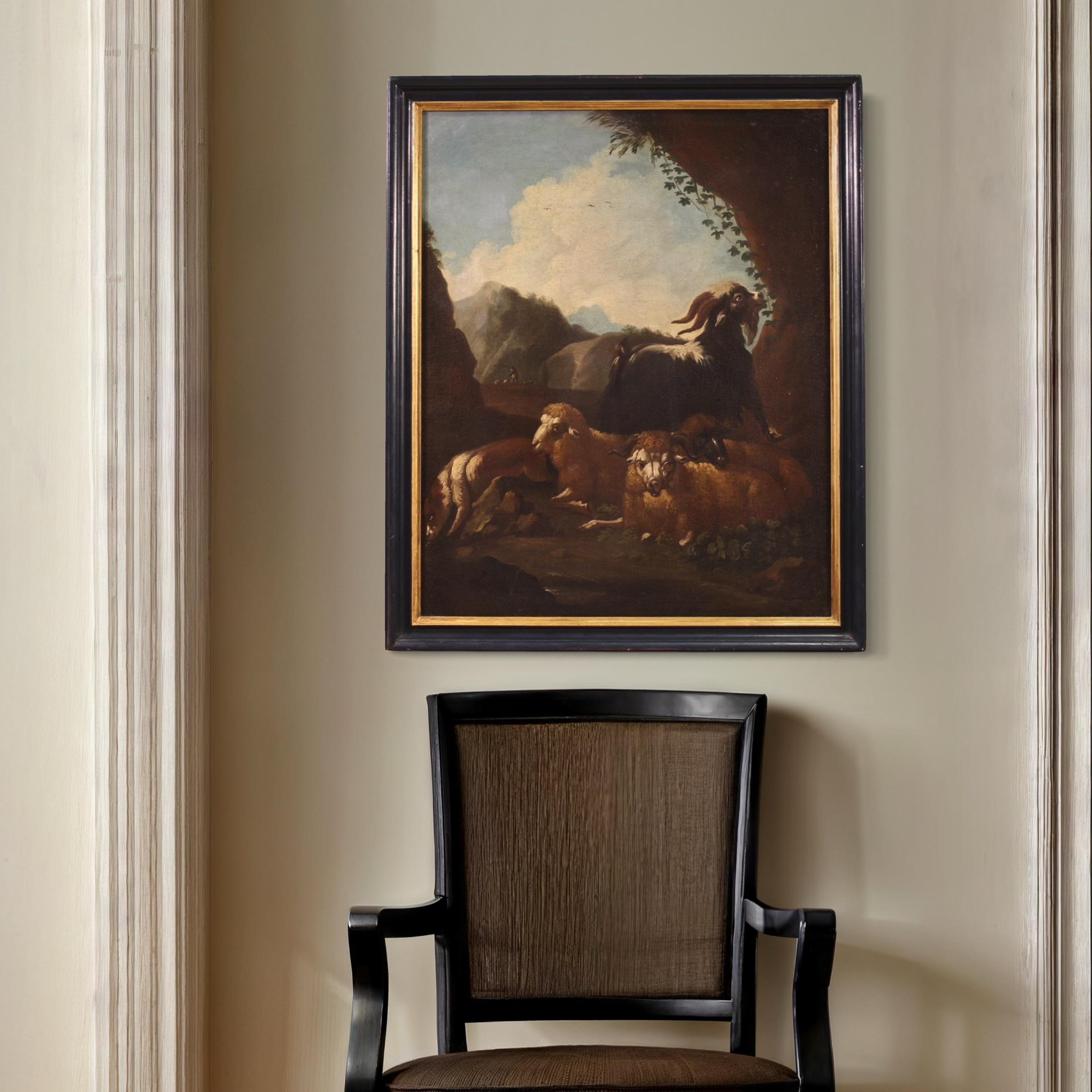 pintura al óleo sobre lienzo del siglo XVII Paisaje bucólico con animales, 1680 en venta 9