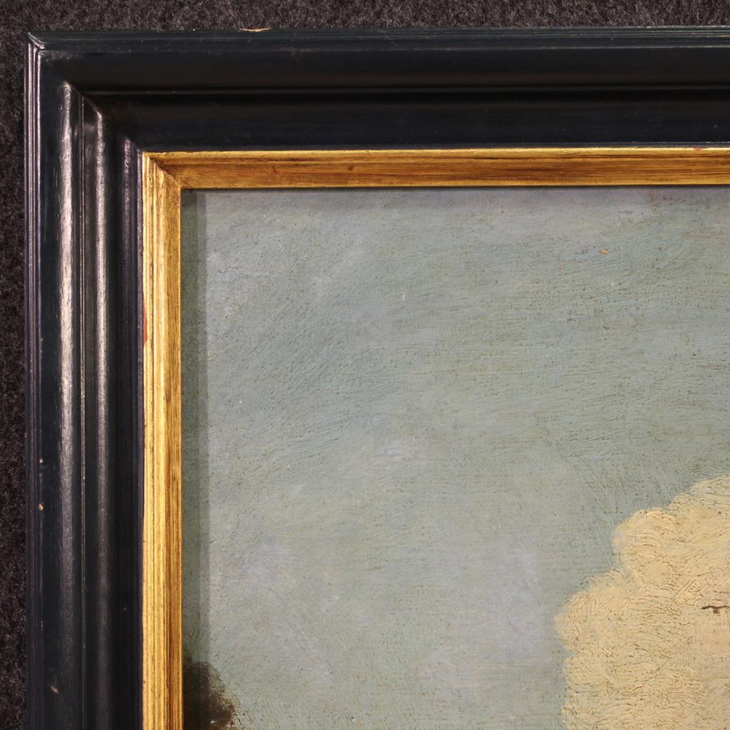 Elegante pintura de la segunda mitad del siglo XVII. Obra de arte al óleo sobre lienzo que representa un espléndido paisaje con animales pastando, de gran calidad pictórica. En primer plano encontramos unas magníficas ovejas y una cabra junto al