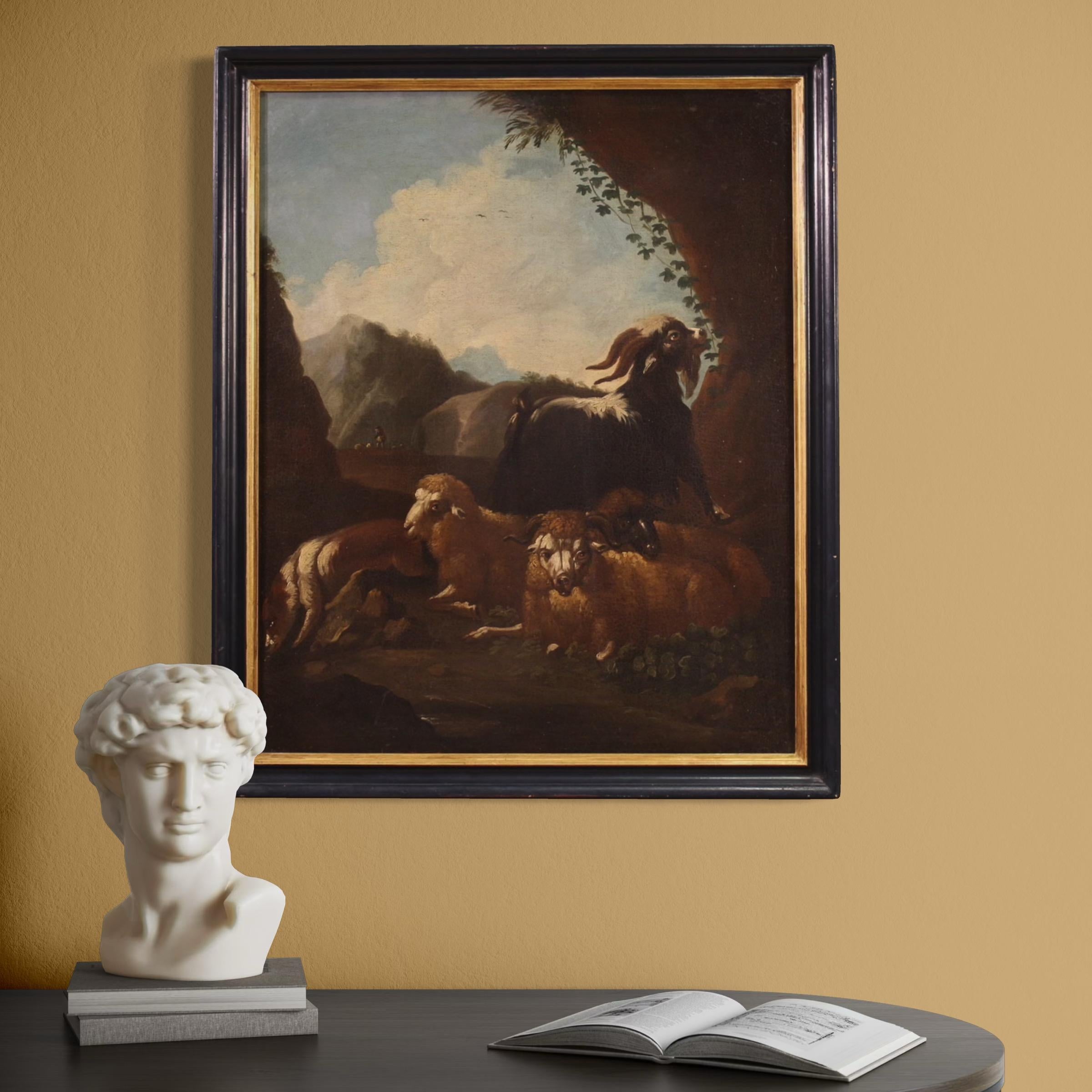 pintura al óleo sobre lienzo del siglo XVII Paisaje bucólico con animales, 1680 en venta 2