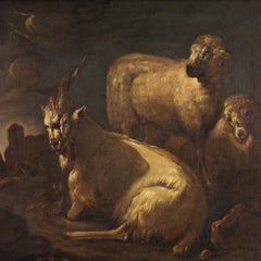 17th Century Oil on Canvas Italian Antique Painting Landscape with Goats, 1680
