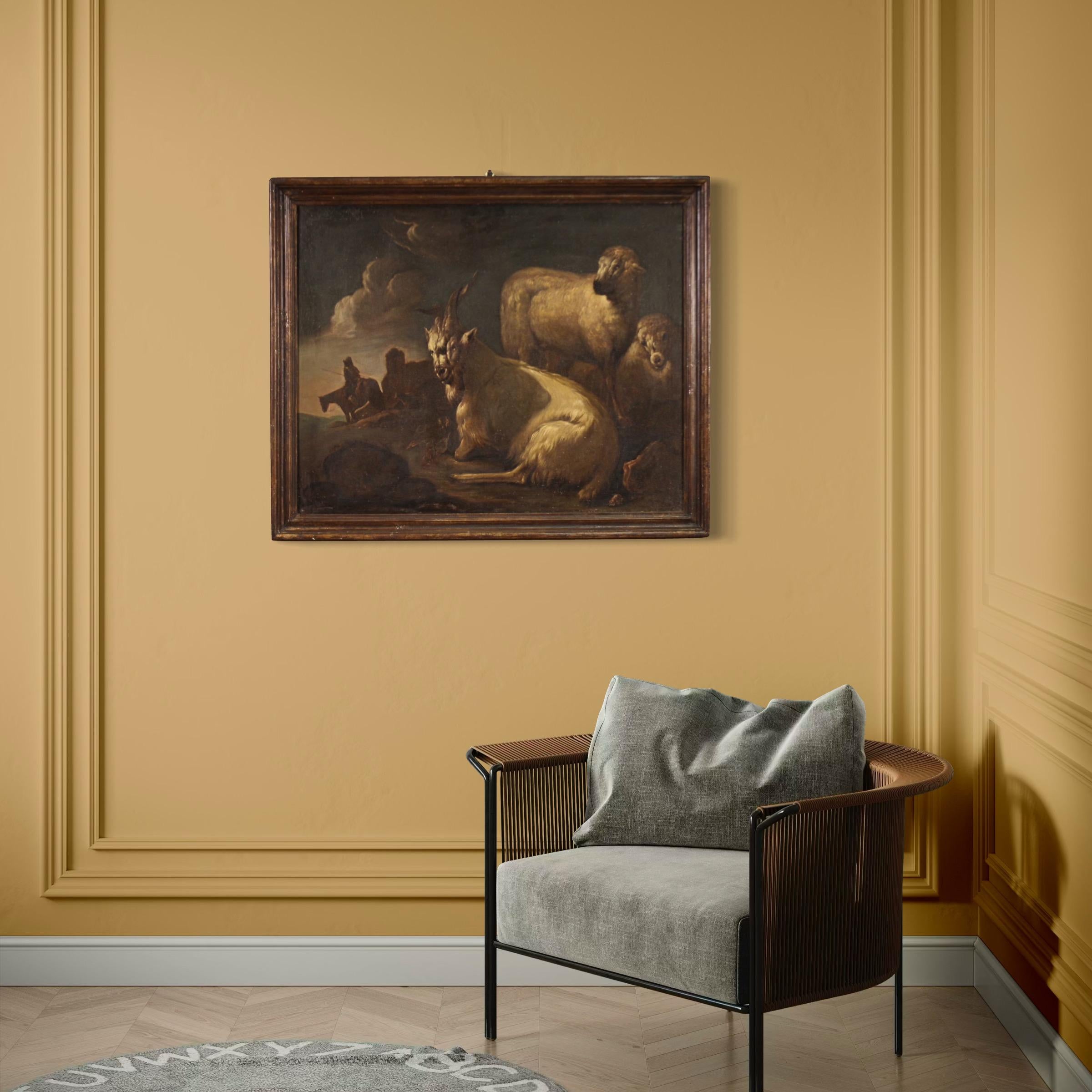 17th Century Oil on Canvas Italian Antique Painting Landscape with Goats, 1680 For Sale 1