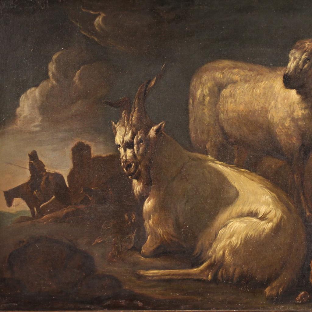 17th Century Oil on Canvas Italian Antique Painting Landscape with Goats, 1680 For Sale 2
