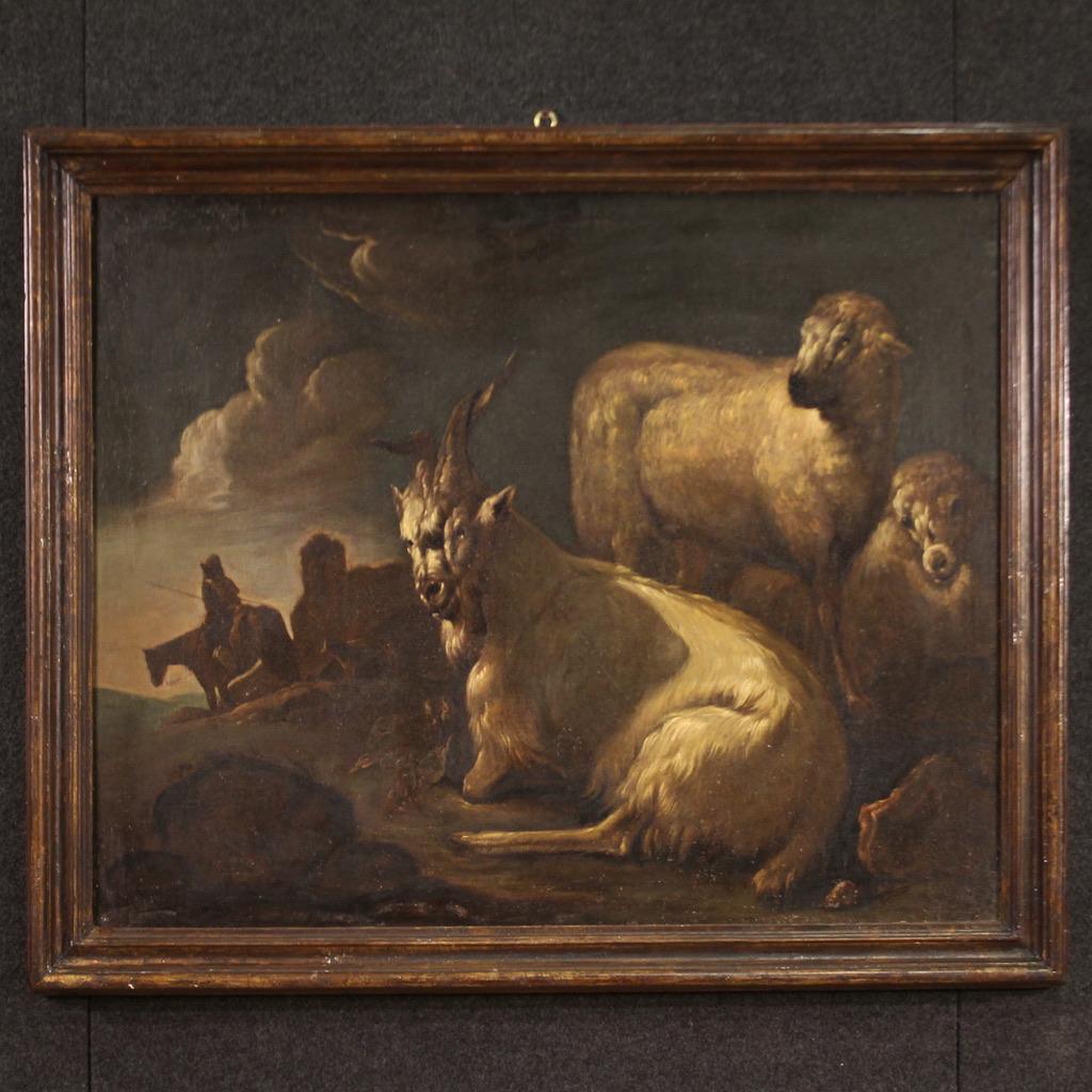Philipp Peter Roos (Rosa di Tivoli) Landscape Painting - 17th Century Oil on Canvas Italian Antique Painting Landscape with Goats, 1680
