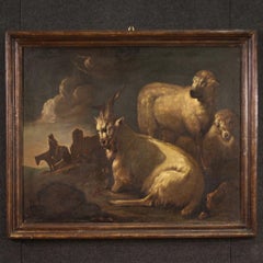 17th Century Oil on Canvas Italian Antique Painting Landscape with Goats, 1680