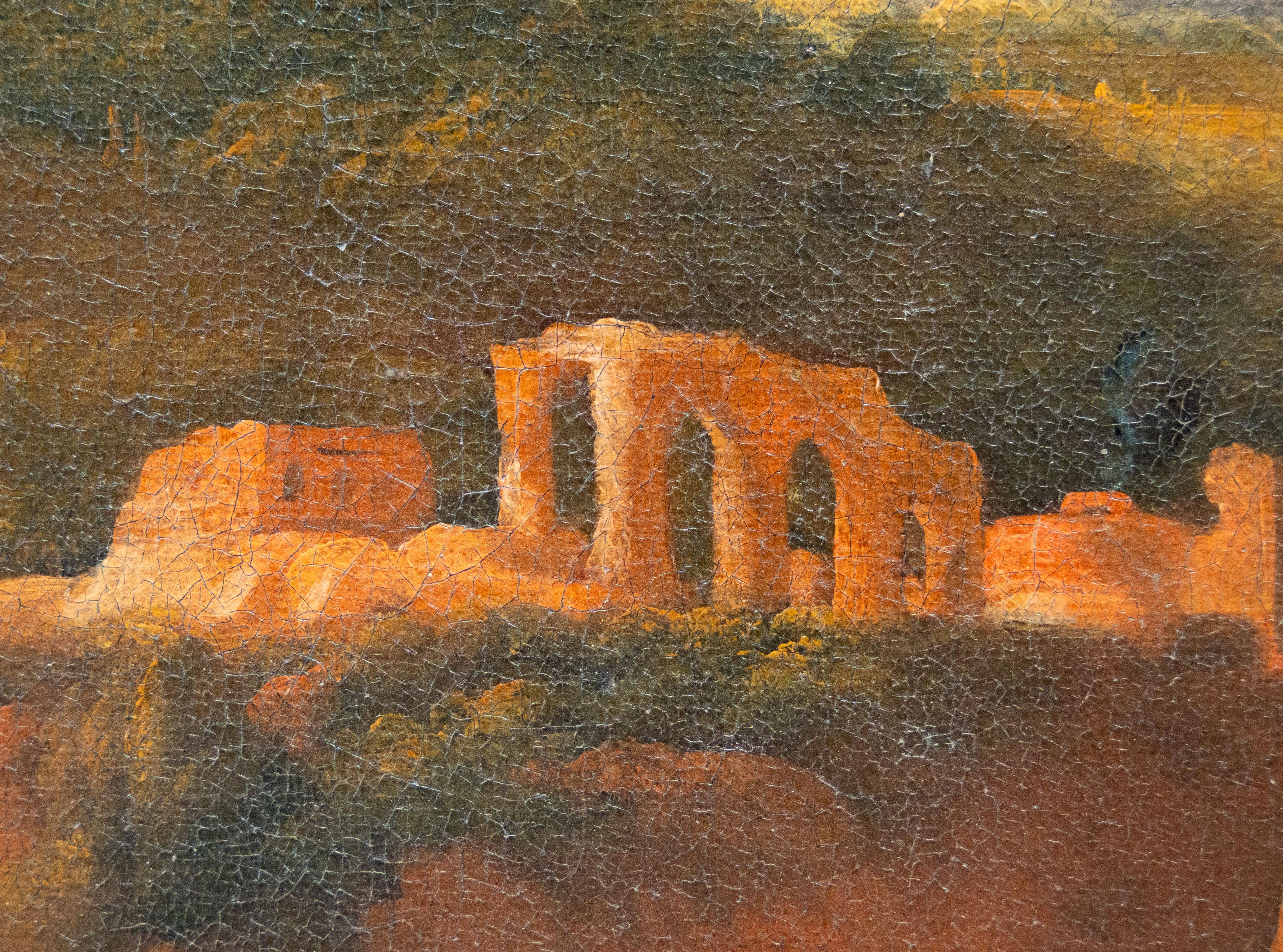 This painting—attributed to the circle of Philipp Peter Roos (1655–1706)—depicts a shepherdess tending her animals in a rustic, mountainous landscape. The young woman sits on a rock beside a small herd composed of cattle, goats, and sheep. The