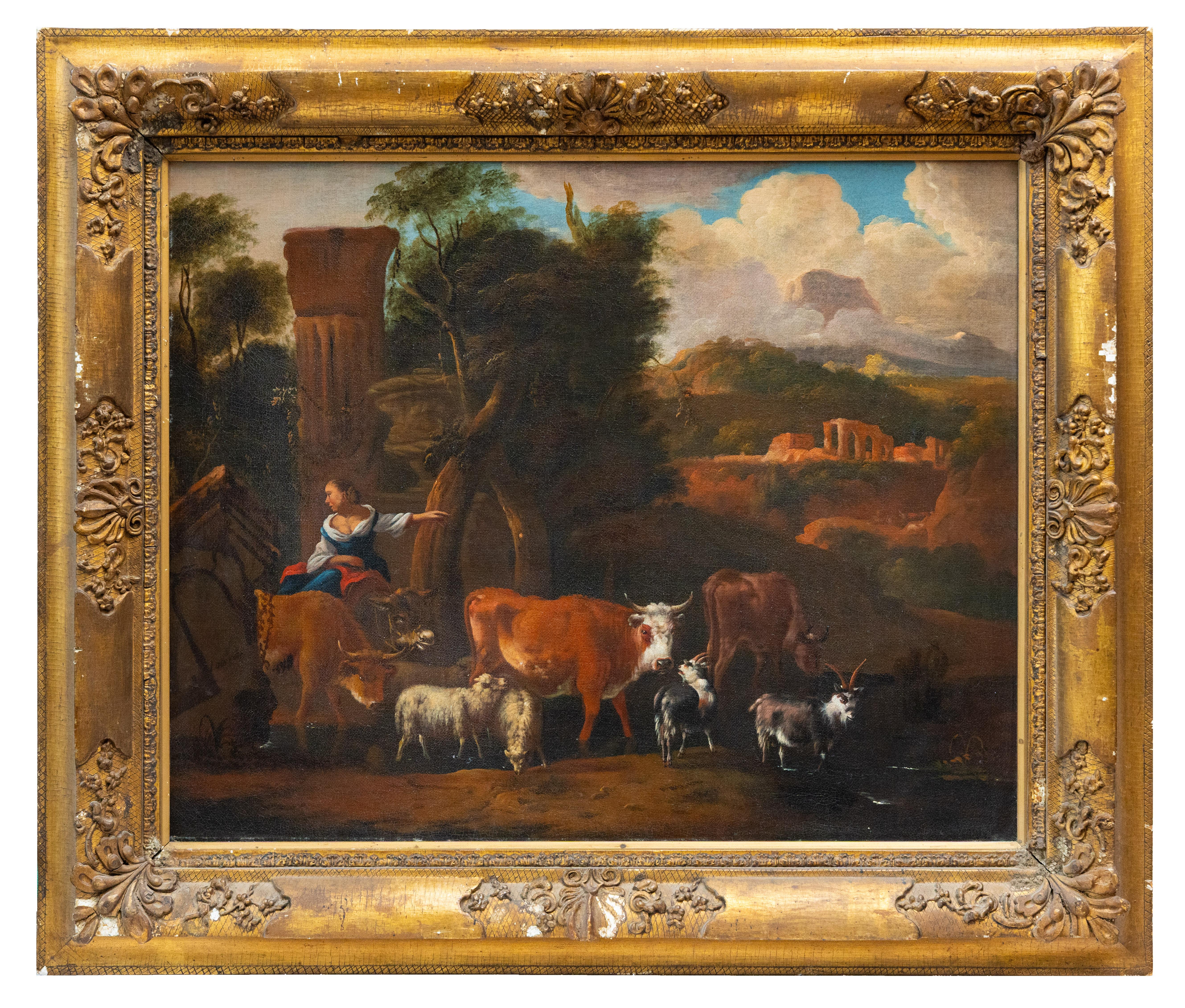 A Sheperdess surrounded by her flock, 17th century