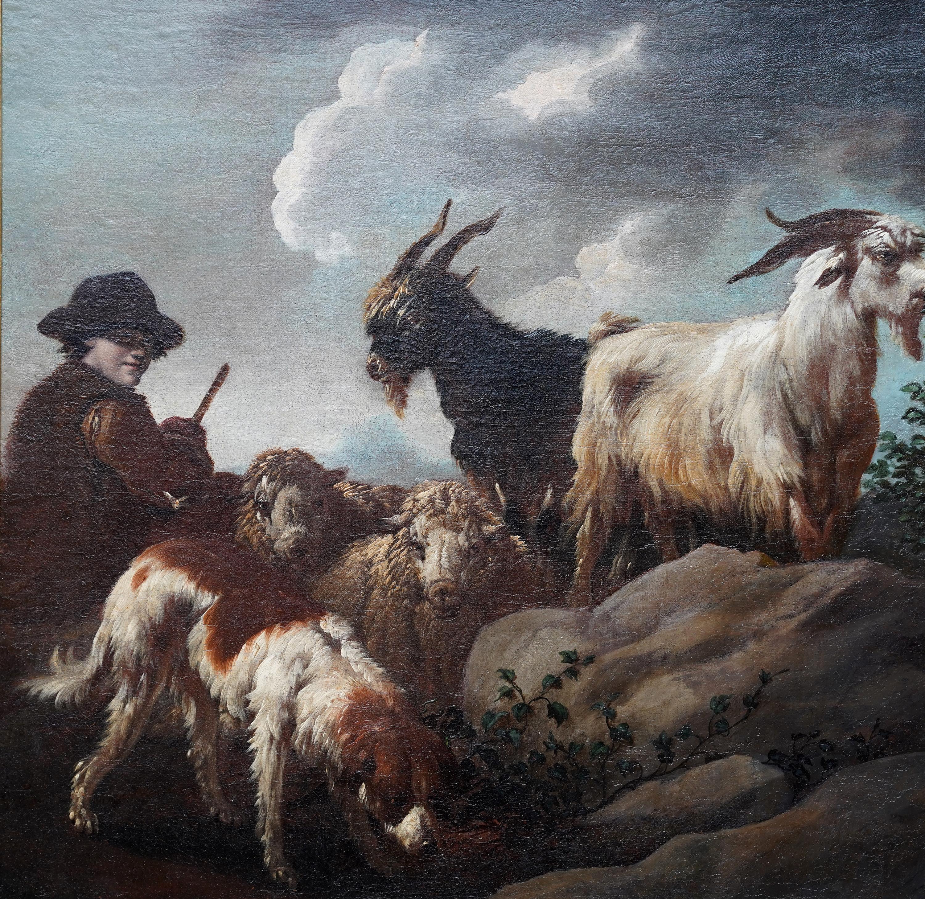 Pastoral Scene with Shepherd and Animals - Old Master c 1700 art oil painting For Sale 6