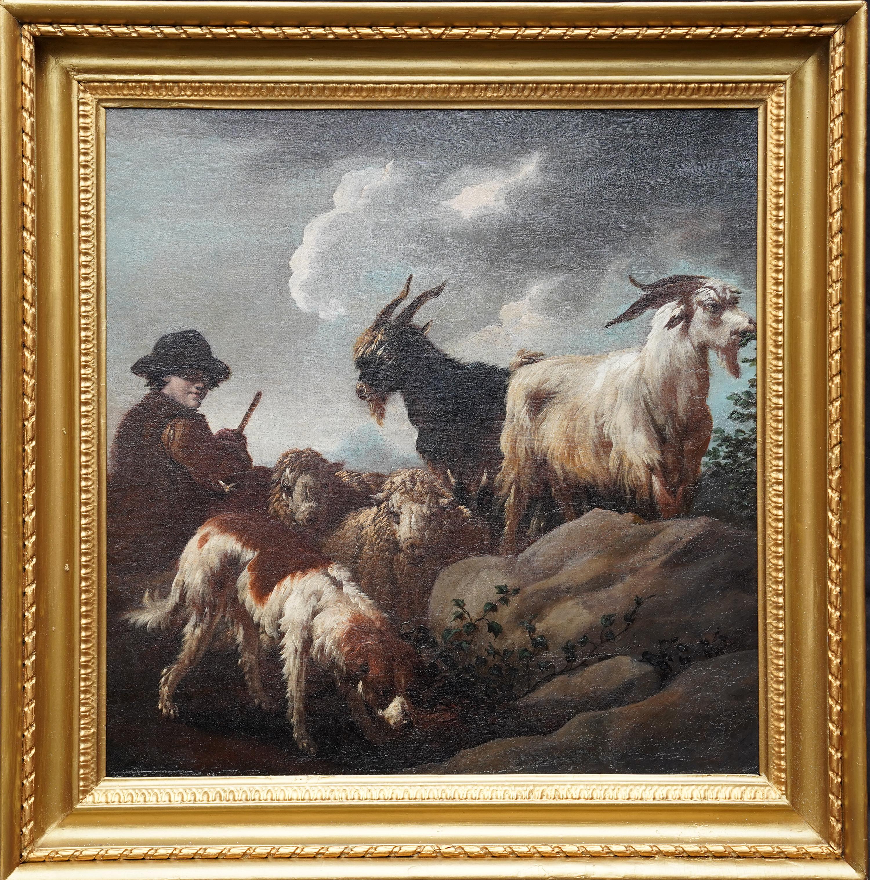 Pastoral Scene with Shepherd and Animals - Old Master c 1700 art oil painting