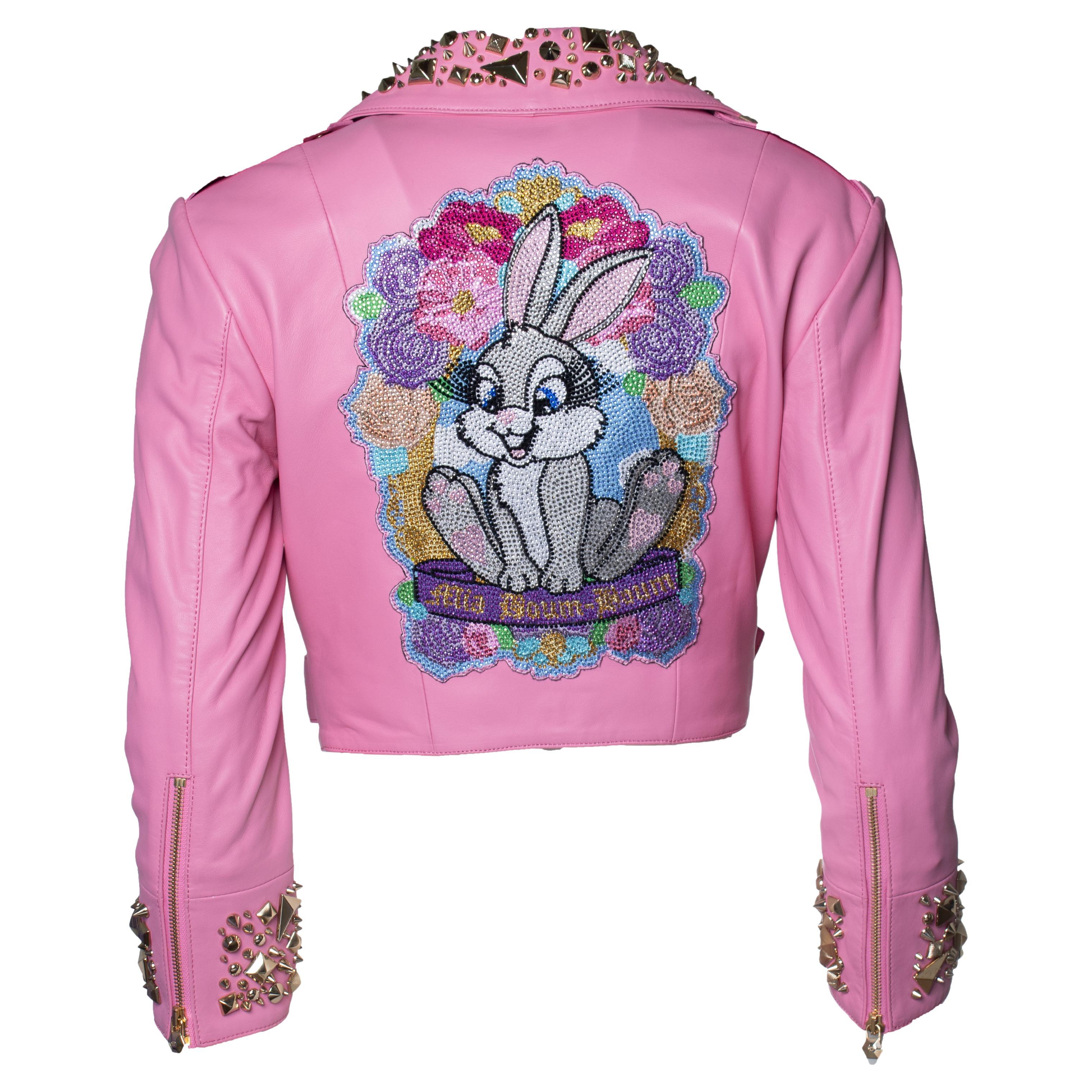 Philipp Plein, Barbie-Leder-Biker mit Disney-Print in Rosa im Angebot