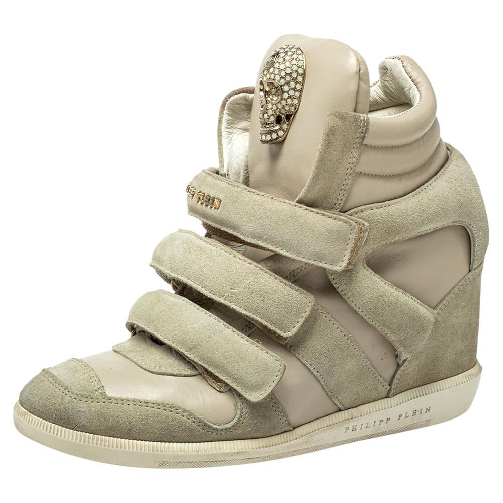 Philipp Plein Beige Leather And Suede Skull High Top Sneakers Size 37 at  1stDibs
