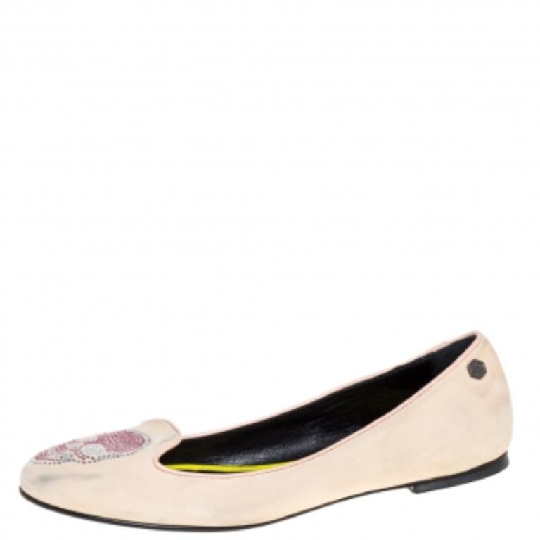 Philipp Plein Beige Suede Diamante Skull Flats Size 40.5 For Sale 2