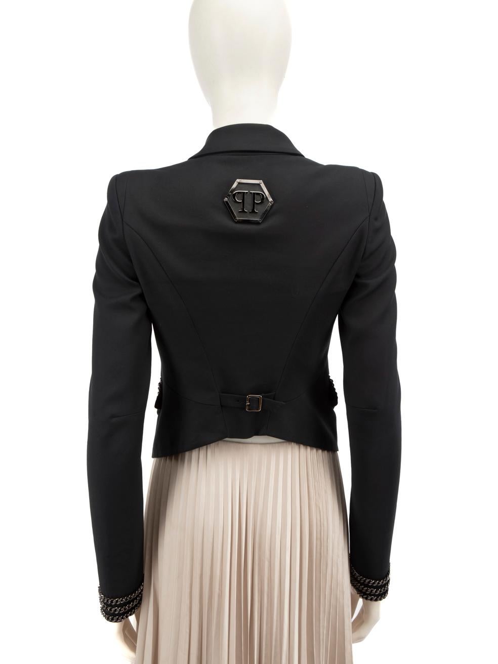 Beige Philipp Plein Black Chain Trim Cropped Blazer Size M For Sale