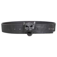 Philipp Plein Schwarzer Krokogeprägter Tigerkopfgürtel