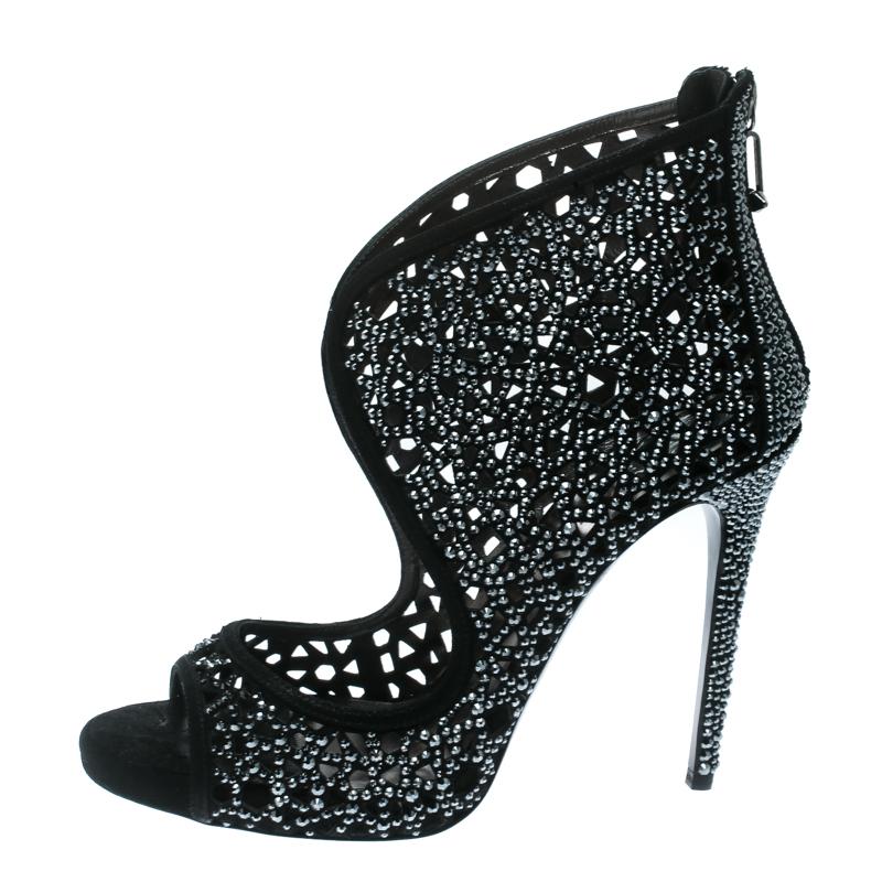 Philipp Plein Black Crystal Embellished Leather Cut Out Open Toe Booties Size 41 1