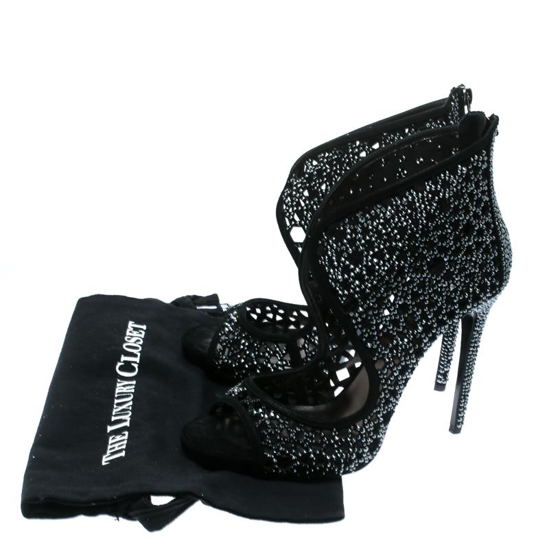 Philipp Plein Black Crystal Embellished Leather Cut Out Open Toe Booties Size 41 4