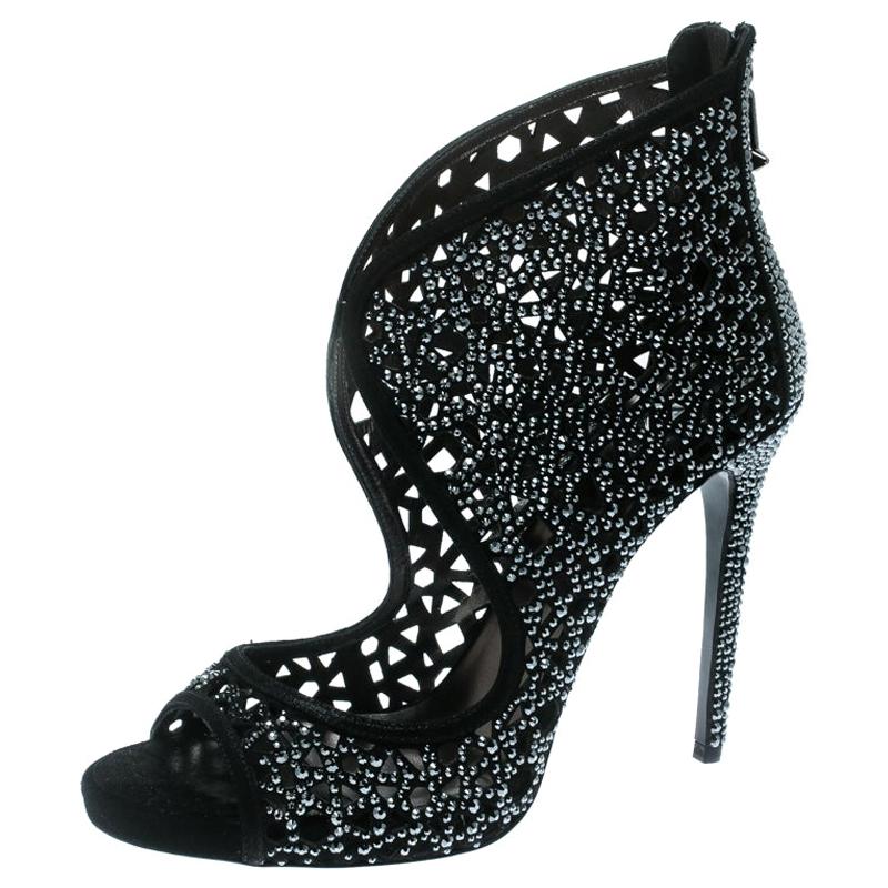 Philipp Plein Black Crystal Embellished Leather Cut Out Open Toe ...