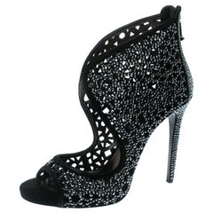 Philipp Plein Black Crystal Embellished Leather Cut Out Open Toe Booties Size 41