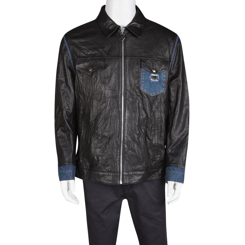You're all set to make a statement with this black jacket from Philipp Plein. The piece has been made from lamb leather and styled with denim trims, long sleeves, and a full front zipper. This jacket will make a fine wardrobe addition.

Includes: