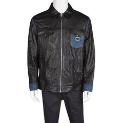 Philipp Plein Black Lamb Leather Denim Trim Jacket 4XL