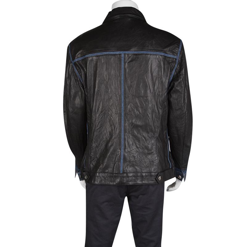 Philipp Plein Black Lamb Leather Denim Trim Jacket 4XL In Good Condition In Dubai, Al Qouz 2