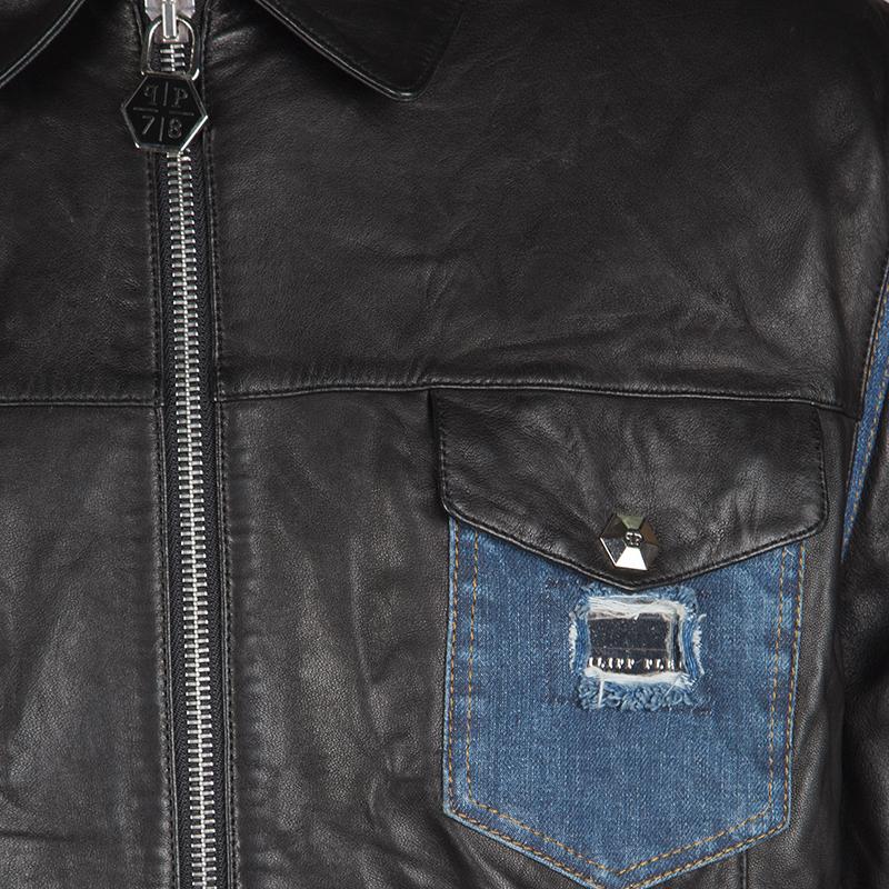 Men's Philipp Plein Black Lamb Leather Denim Trim Jacket 4XL