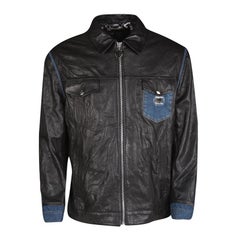Philipp Plein Black Lamb Leather Denim Trim Jacket 4XL