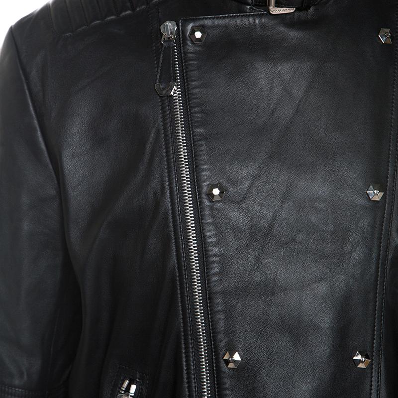 Philipp Plein Black Leather Detail Artemy Biker Jacket 5XL In Good Condition In Dubai, Al Qouz 2