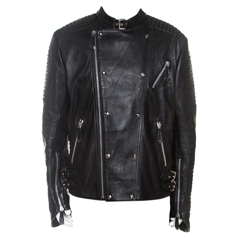 Philipp Plein Black Leather Detail Artemy Biker Jacket 5XL