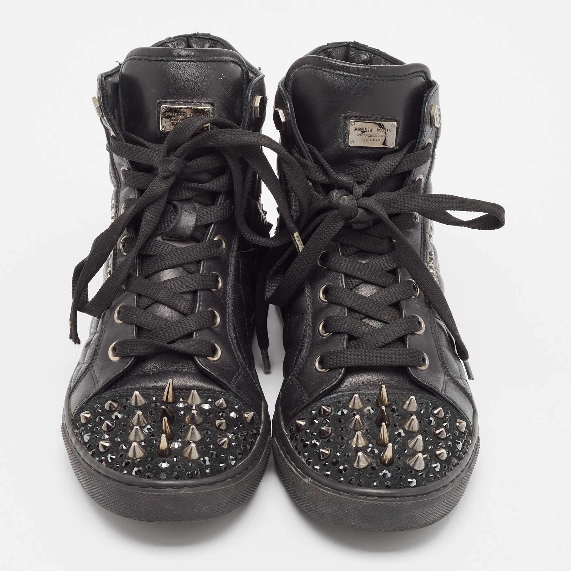 Philipp Plein Black Leather High Top Sneakers Size 37.5 In Good Condition In Dubai, Al Qouz 2
