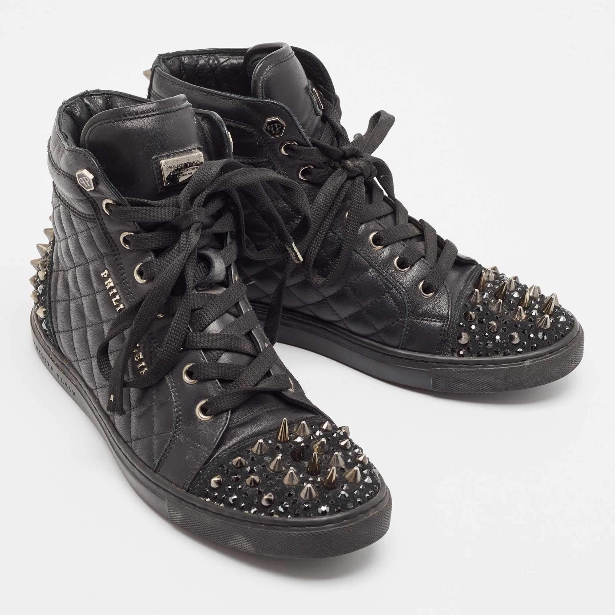 Women's Philipp Plein Black Leather High Top Sneakers Size 37.5