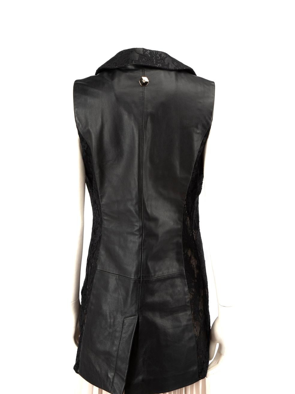 Philipp Plein Black Leather & Lace Long Vest Jacket Size L In Good Condition For Sale In London, GB