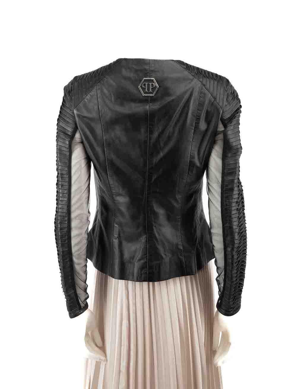 Philipp Plein Black Leather Sheer Sleeves Jacket Size L In Good Condition For Sale In London, GB