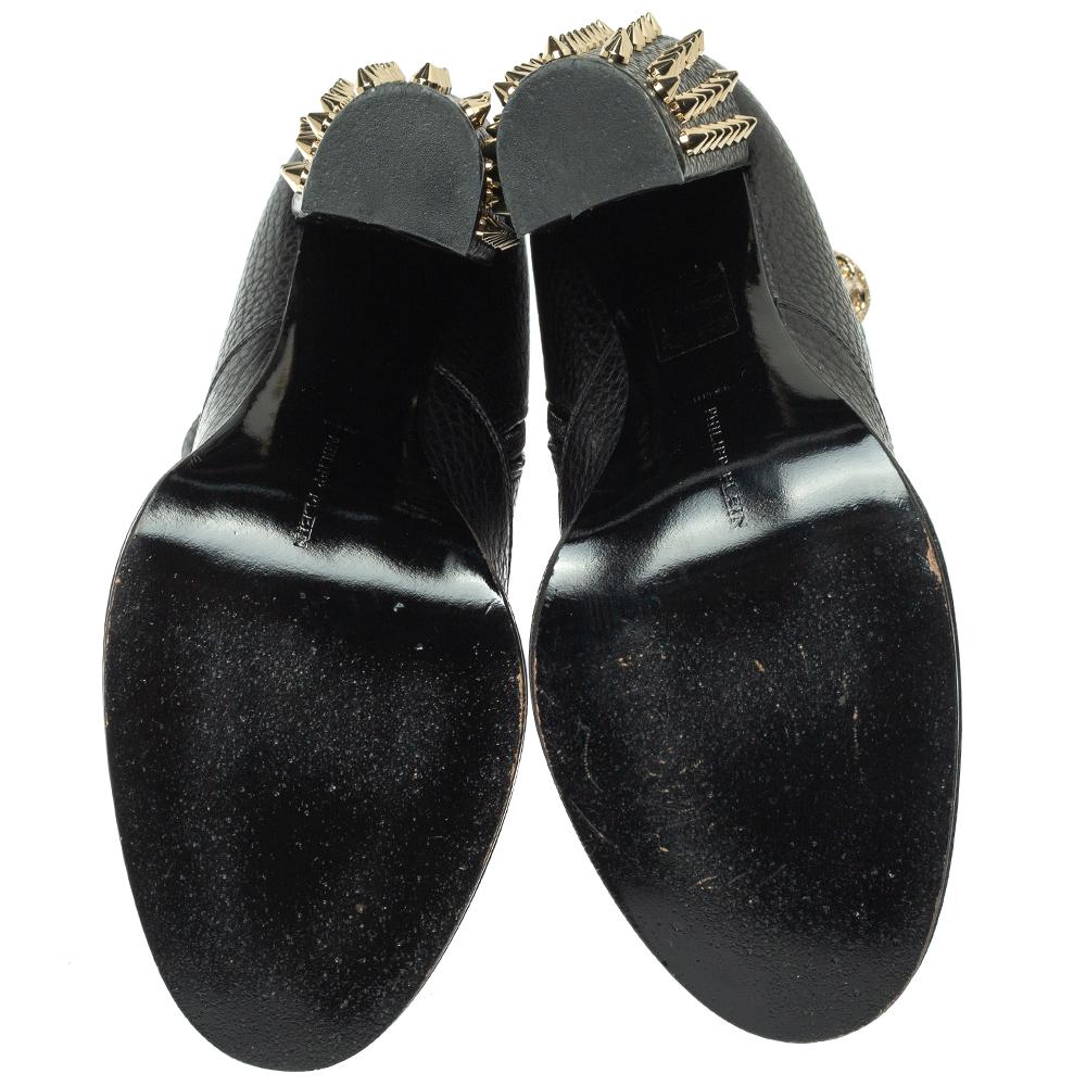 Women's Philipp Plein Black Leather Skull Embellished/Studded Ankle Boots Size 39