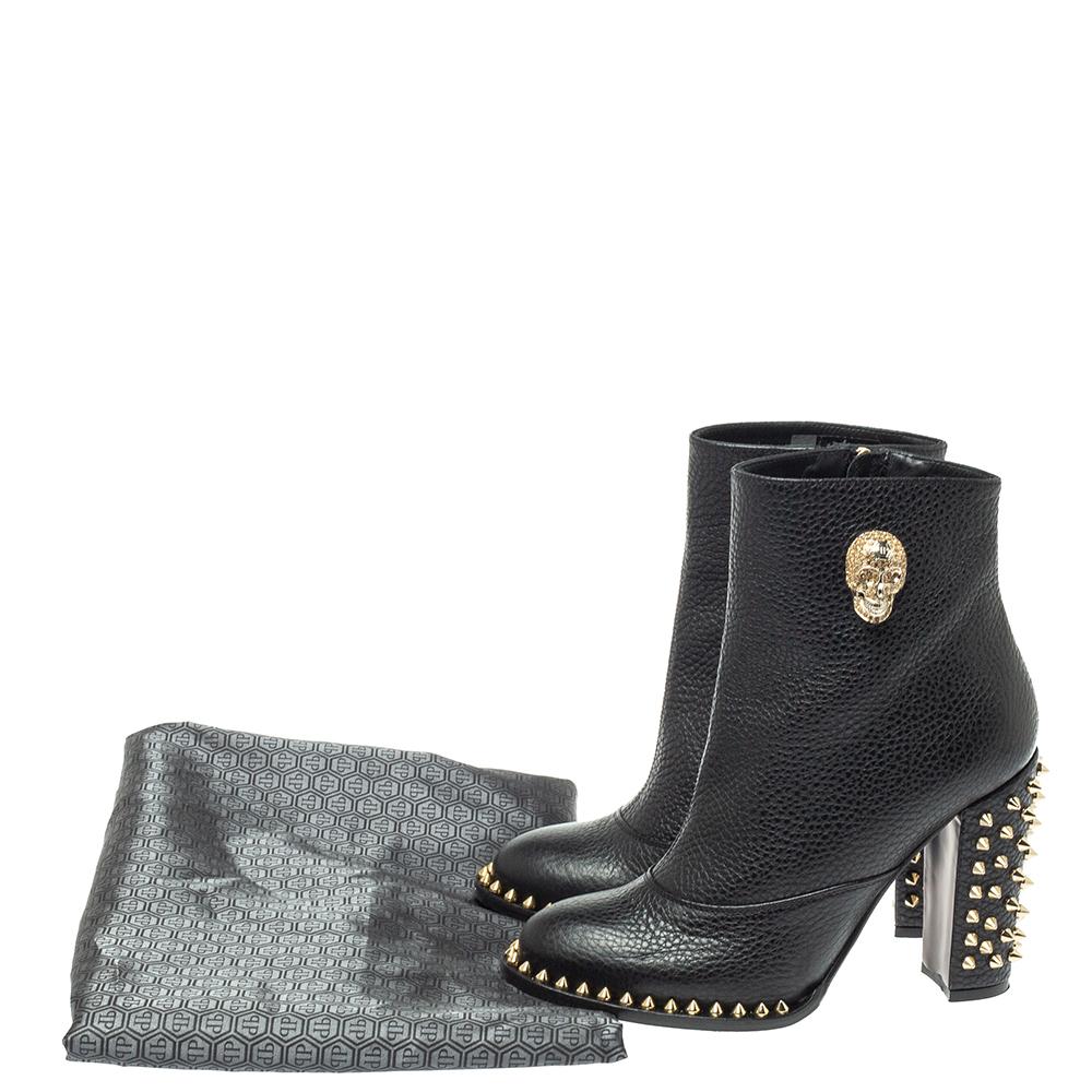 Philipp Plein Black Leather Skull Embellished/Studded Ankle Boots Size 39 2