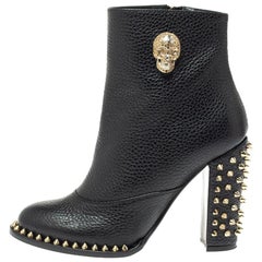 Philipp Plein Black Leather Skull Embellished/Studded Ankle Boots Size 39