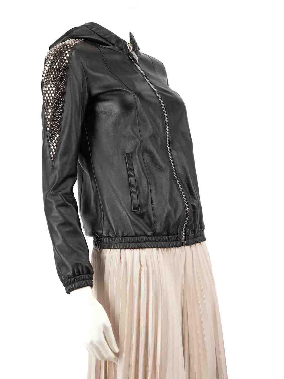 CONDITION is Very good. Hardly any visible wear to the jacket is evident on this used Philipp Plein designer resale item.
 
 
 
 Details
 
 
 Black
 
 Leather
 
 Jacket
 
 Hooded
 
 Long sleeves
 
 Silver studded sleeves
 
 Hooded
 
 Zip fastening
