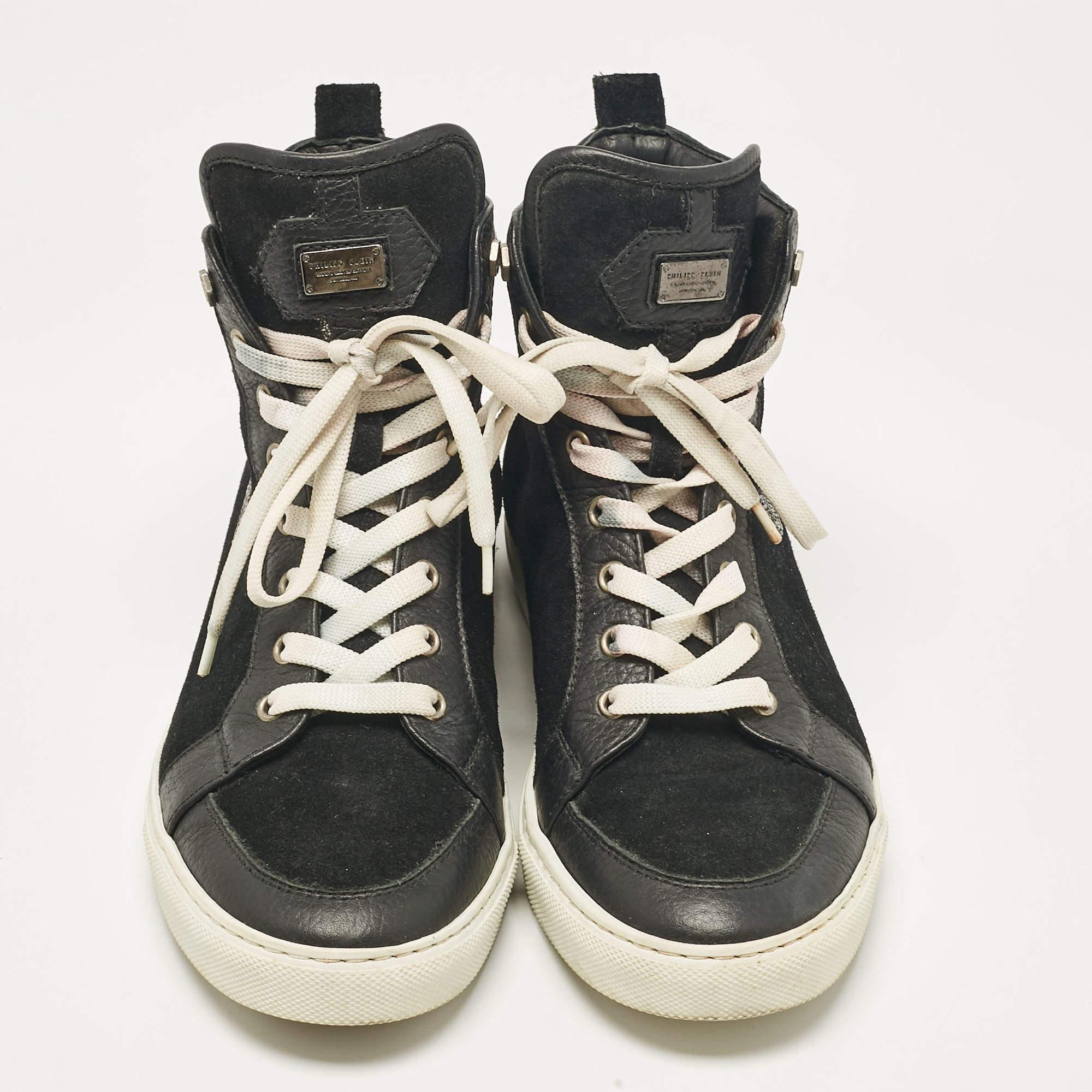 Philipp Plein Black Leather Suede Skull High Top Sneakers Size 40 In Good Condition For Sale In Dubai, Al Qouz 2