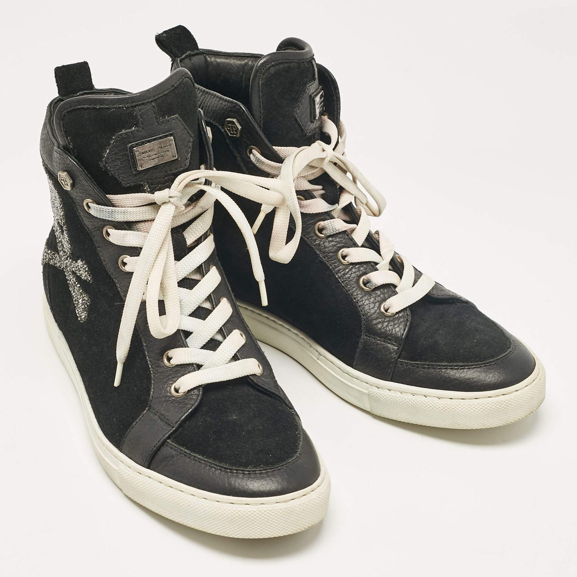 Women's Philipp Plein Black Leather Suede Skull High Top Sneakers Size 40 For Sale