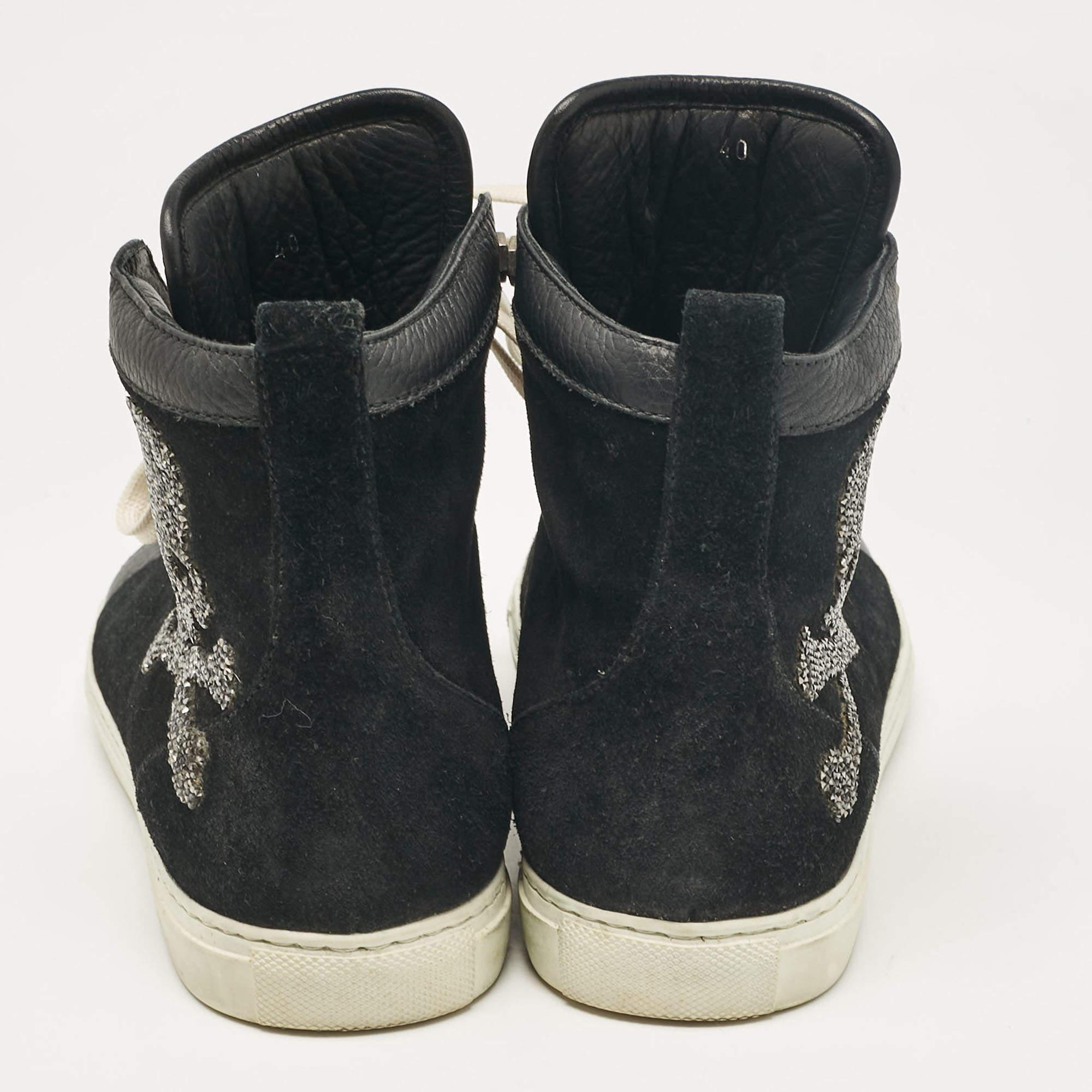 Philipp Plein Black Leather Suede Skull High Top Sneakers Size 40 For Sale 1