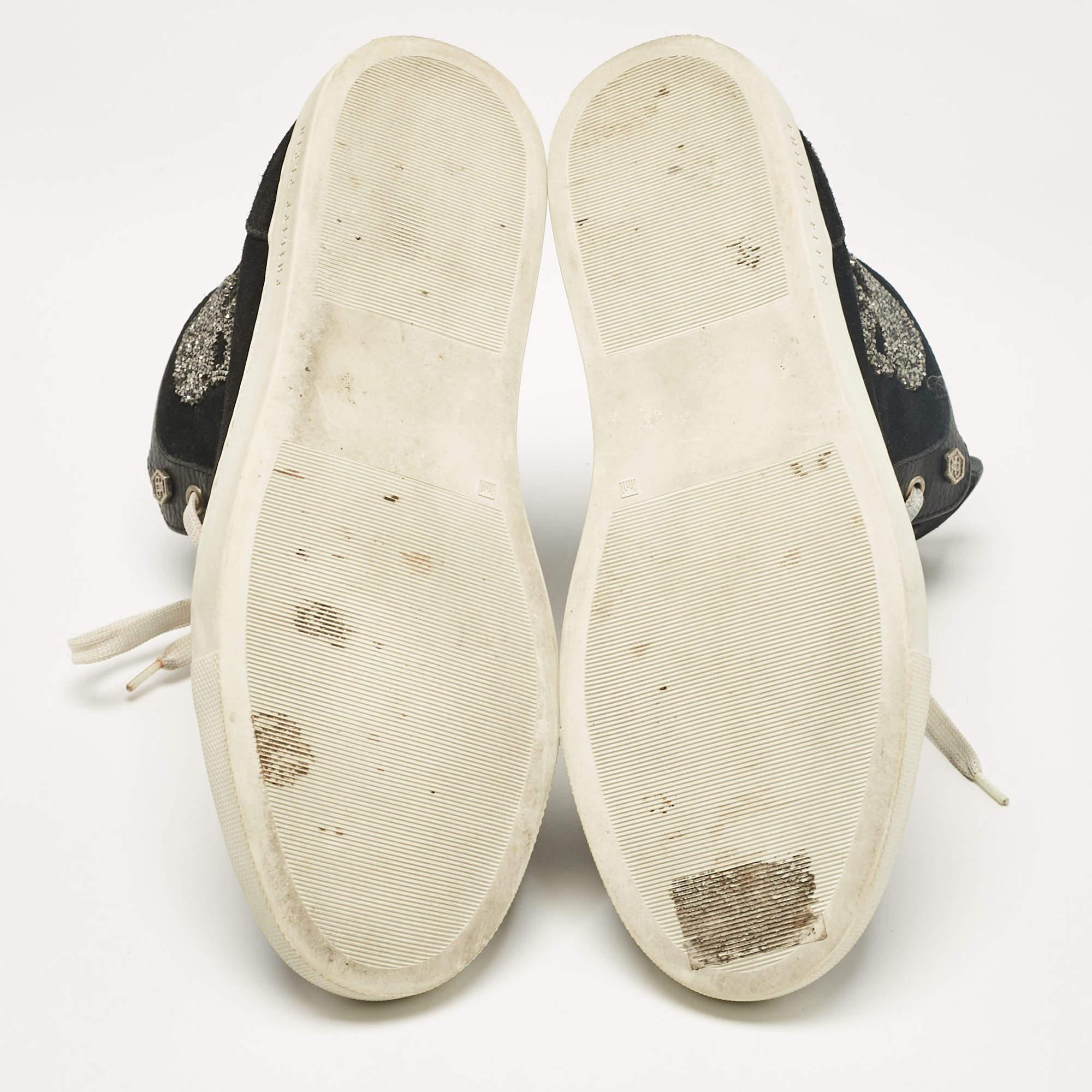 Philipp Plein Black Leather Suede Skull High Top Sneakers Size 40 For Sale 2