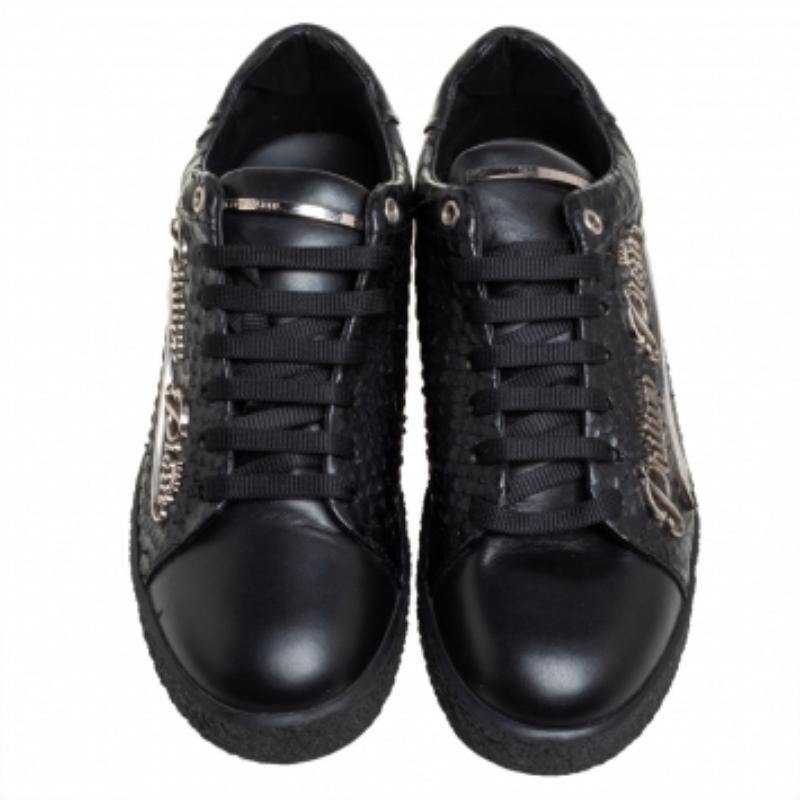 Women's Philipp Plein Black Python Embossed Leather Low Top Sneakers Size 39 For Sale