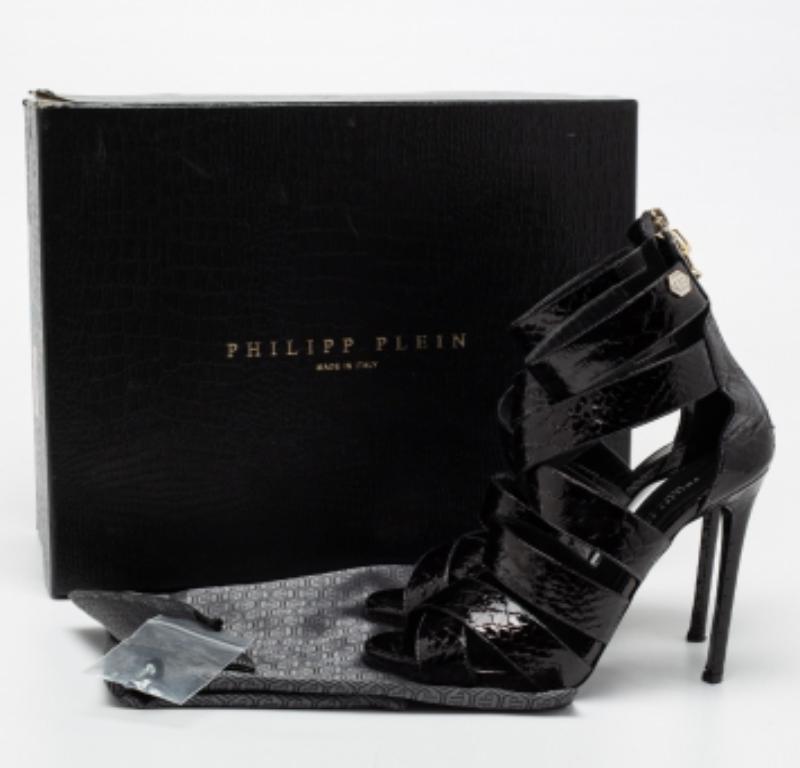 Women's Philipp Plein Black Python Embossed Leather Strappy Sandals Size 38 For Sale